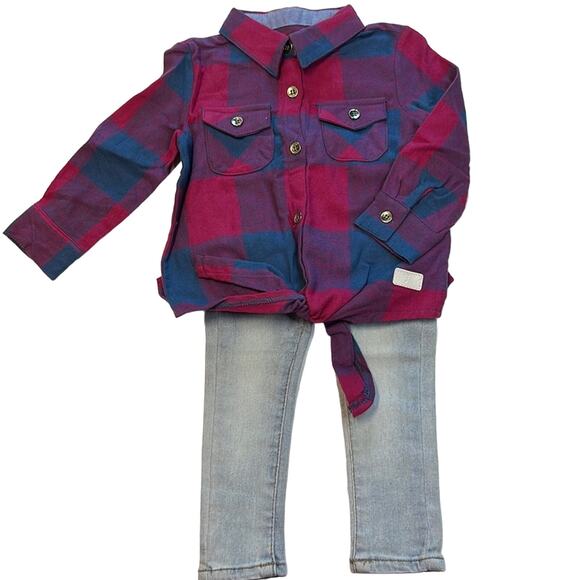 7 For All Mankind 2PC Set, Light Wash Jeans, Red & Blue Plaid Shirt, Size 12MO!!